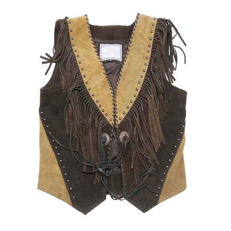 Unisex Western Fringed Leather Vest - 女裝 背心 - 真皮 咖啡色
