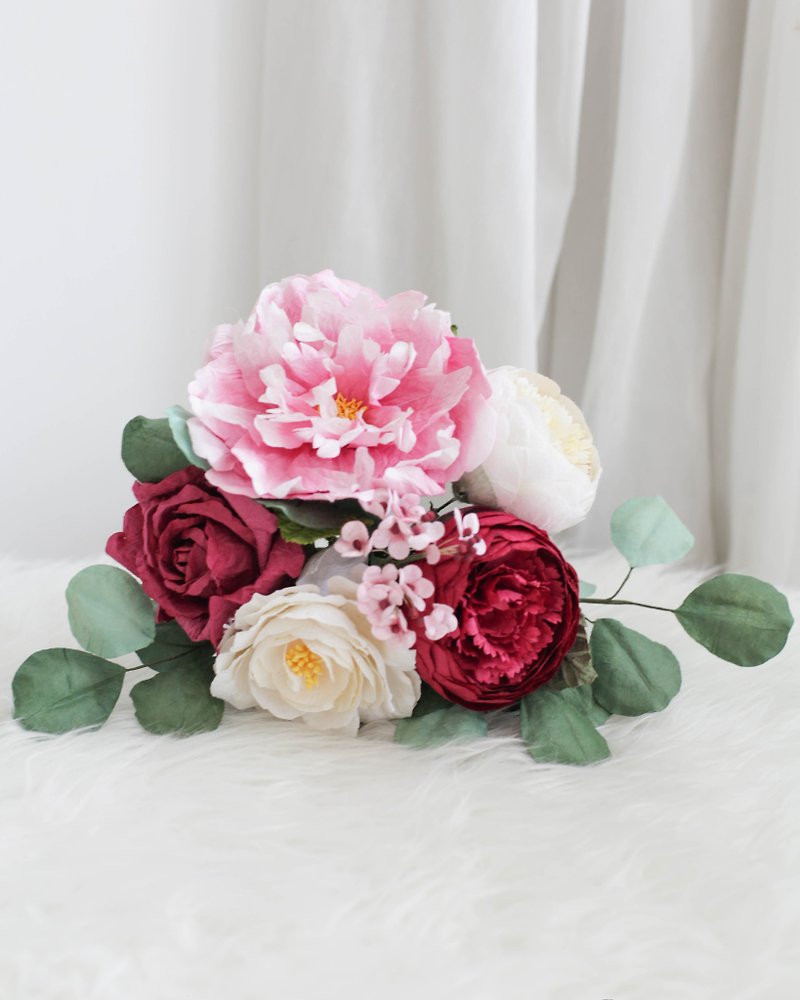 Pink Burgundy Paper Flower Small Bouquet - Wood, Bamboo & Paper - Paper Red