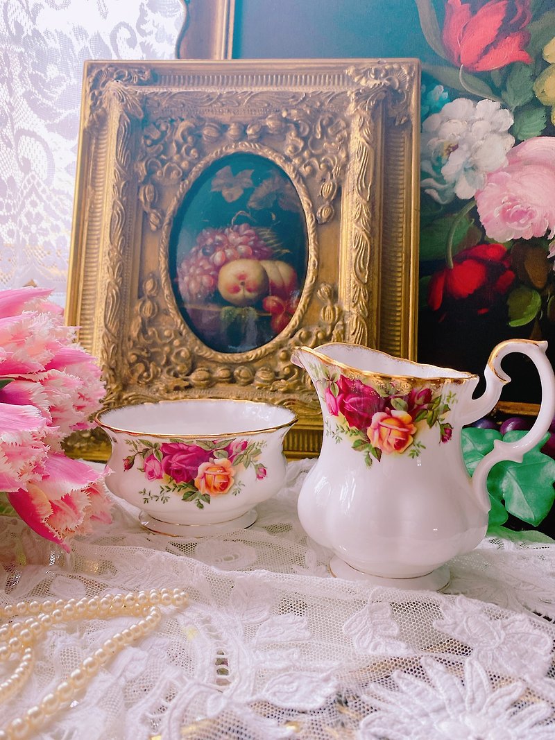 英國骨瓷皇家亞伯特Royal Albert 22k鑲金玫瑰花奶壺糖碗兩件組 - 茶具/茶杯 - 瓷 紅色