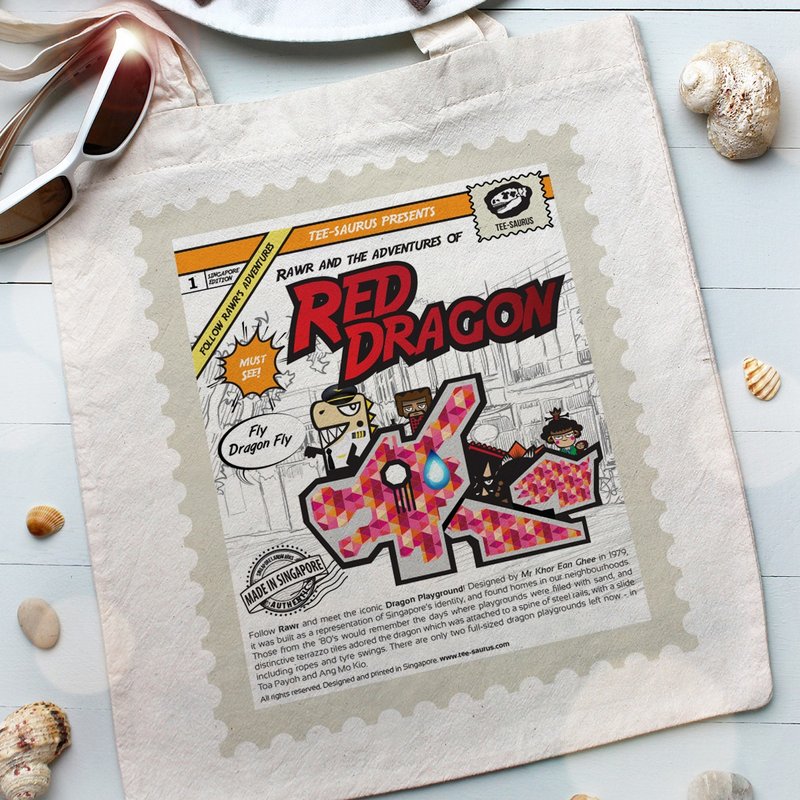 Tee-Saurus Happy Totes - Singapore Red Dragon Playground Cotton Tote - กระเป๋าถือ - ผ้าฝ้าย/ผ้าลินิน 