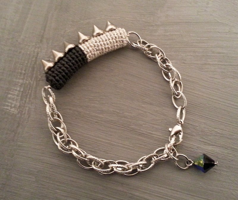 Black Silver Metallic Chunky Chain Bracelet Spike Band - Bracelets - Thread Silver