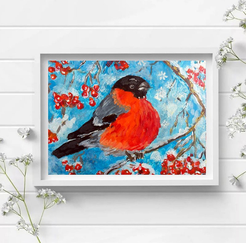 木頭 海報/掛畫/掛布 - Bird painting, Bullfinch original art, Snowbird small painting, Christmas decor