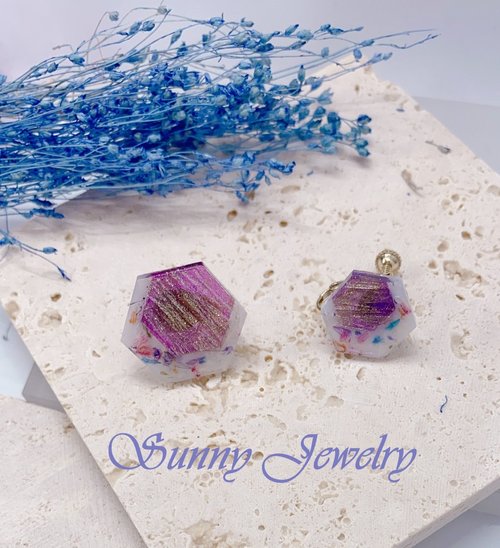 Sunny Jewelry Sunny Jewelry 真花 六角形雙色耳環 宮廷紫