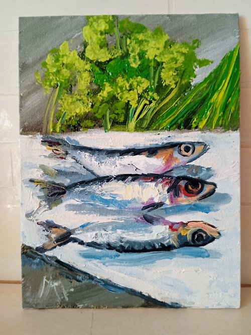 AboutART Sardines Painting Still Life Sardine Original Art Oil Painting 6*8in