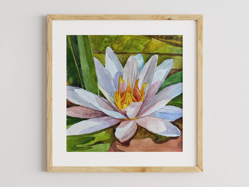 White water lily - lotus painting, watercolor art, flower painting  荷花 - ตกแต่งผนัง - กระดาษ หลากหลายสี