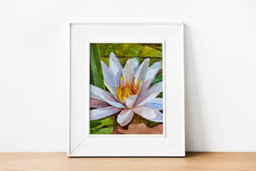 水彩画 アート 花の絵 白い睡蓮 - 蓮の絵、水彩画、花の絵 荷花 - ショップ ArtLizzi