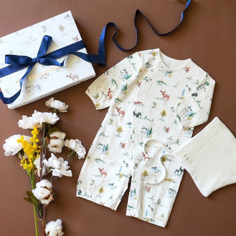 日本Haruulala【60cm連身衣 針織帽 禮盒】男女寶寶 1至4個月 - 彌月禮盒 - 棉．麻 