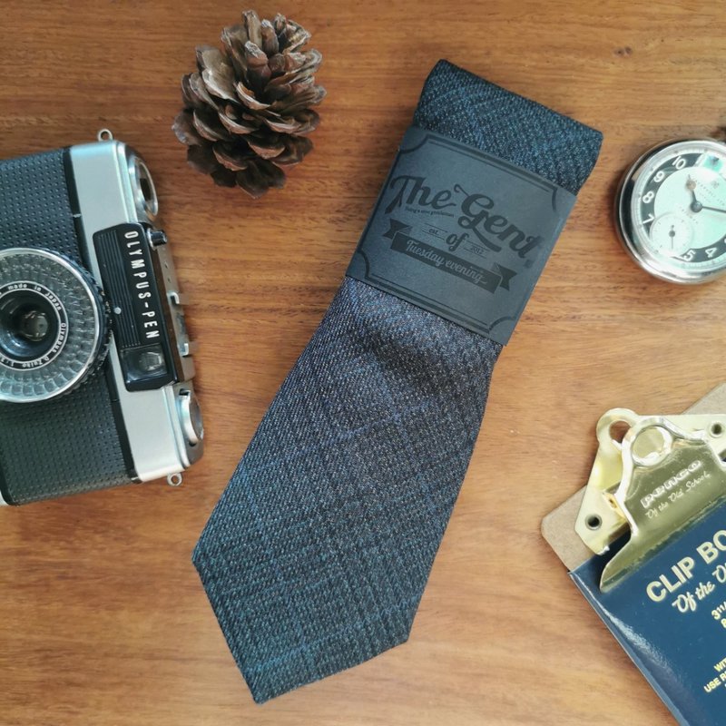 The GENT Prussian Blue Necktie Glen Plaid - 領帶/呔夾 - 棉．麻 藍色