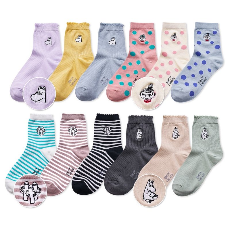 [ONEDER Wanda] Lulumi MOOMIN electric embroidered mid-calf socks Moomin embroidered stockings made in Taiwan cotton socks - Socks - Other Materials 