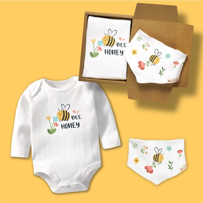 Bee Honey Long Sleeves Baby Bodysuit gift set 2 items - ของขวัญวันครบรอบ - ผ้าฝ้าย/ผ้าลินิน ขาว