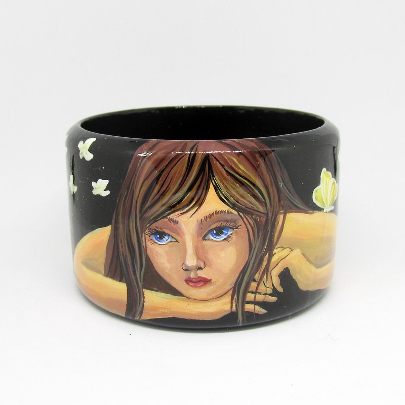 Hand Painted Wooden Bangle Bracelet With Girl and Butterfly - 手鍊/手鐲 - 木頭 黑色