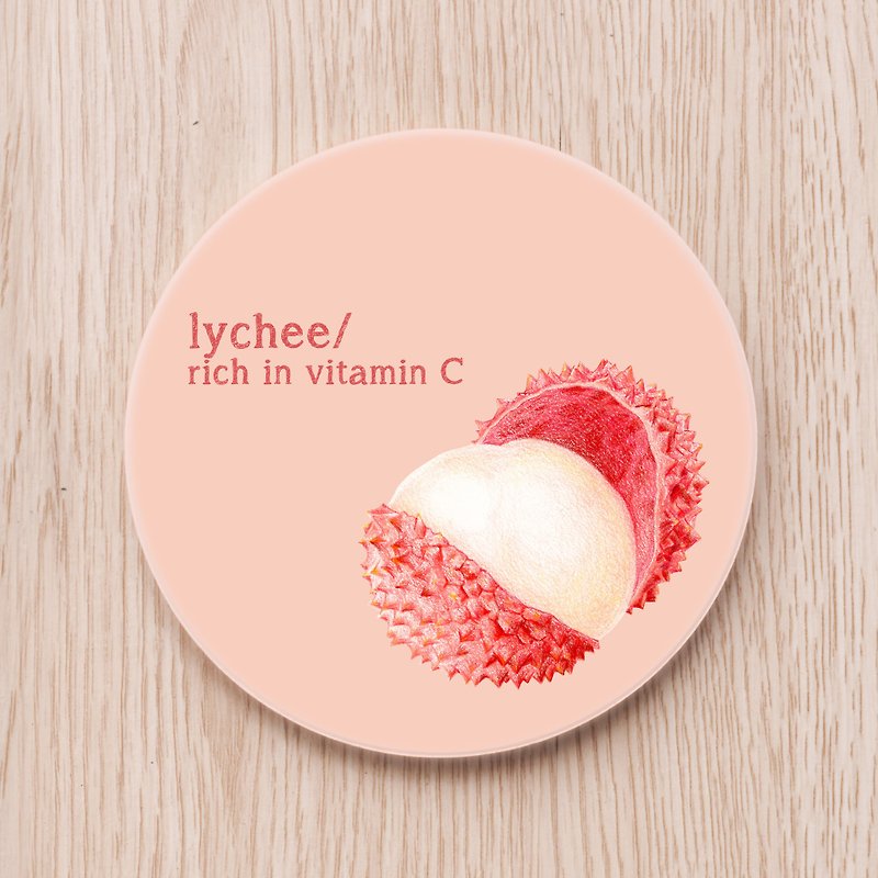 Healthy Fruit Ceramic Coaster - Lychee, Food Plant Tropical Fruit Nutritionist Vitamin C - ที่รองแก้ว - เครื่องลายคราม สึชมพู