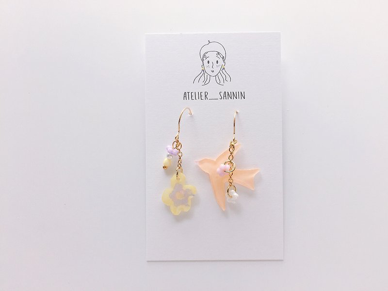 Flower and Asteroid Series - Yellow Orange Bird Feifei hand-painted drape hand-made earrings (can change folder) - Earrings & Clip-ons - Other Materials Yellow
