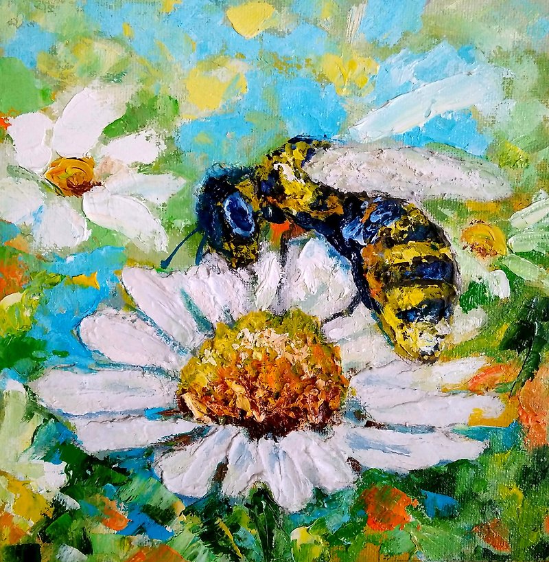 Bee Original Painting, Honeybee Daisy Floral Artwork, Insect Wall Art, 手工油畫