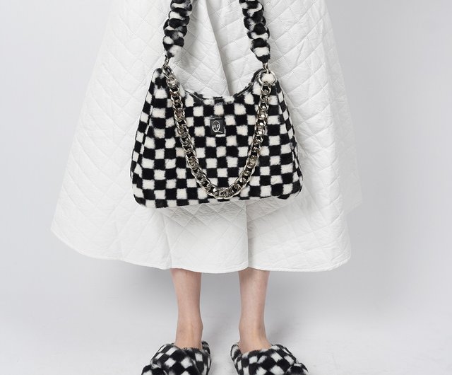 Black & White Checkerboard Furry Crossbody Tote Bag