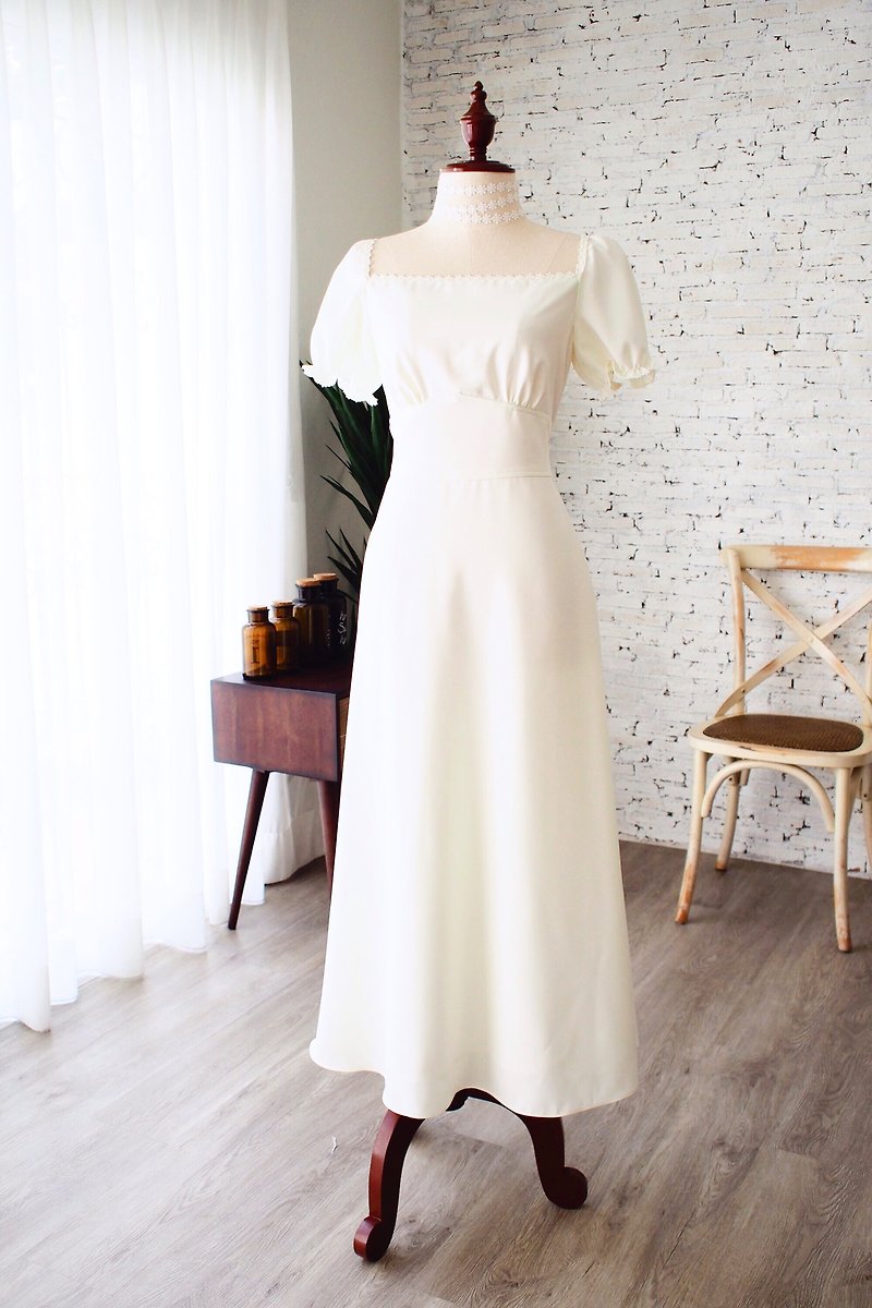 ドレススリーブのホワイトドレス、長いホワイトドレス、白雪姫、ホワイトウェディングドレス、ヴィンテージのドレスが機能します。 - ワンピース - ポリエステル ホワイト