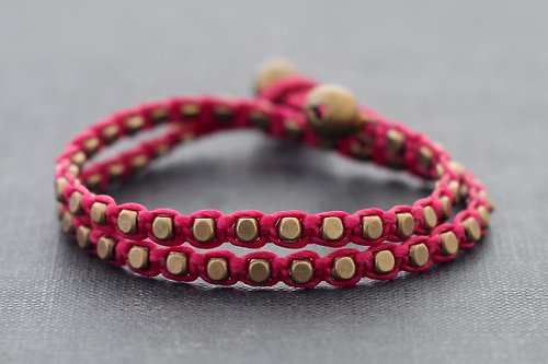 xtravirgin Wrap Brass Beaded Bracelets, Shocking Pink Cord Woven Braided Bracelets, Men And Women Unisex Minimal Bracelets