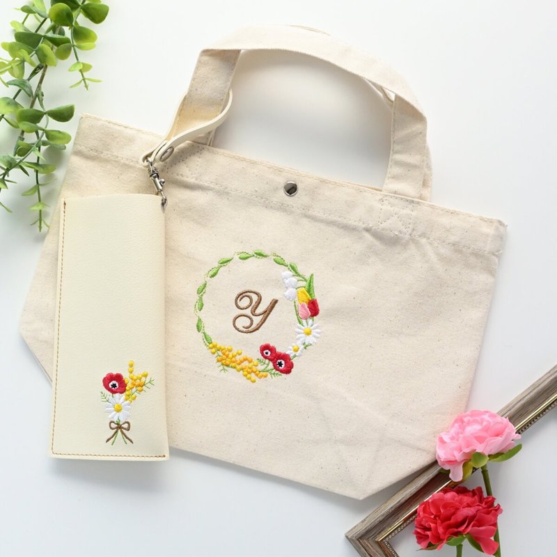 【販売終了】トートバッグ メガネケース 【 刺繍 春の花 リース 2点セット 】 イニシャル 母の日 ギフト マーガレット A148I - 手袋/手提包 - 真皮 白色