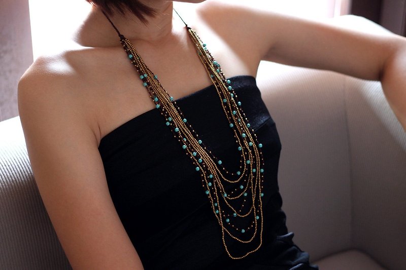 Beaded Woven Necklace Layered Turquoise Strand Brass Long Hippy Necklaces - Necklaces - Stone Green