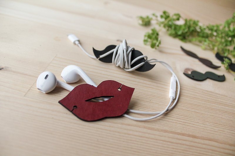 Wedding Small Things Series - Red Lips and Curved Hus - Cable Organizers - Genuine Leather Brown