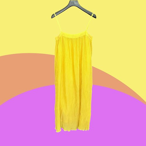 蘿綺莉蕾芭索 二手 黃色 壓摺 輕薄飄逸 無袖 洋裝 CA405