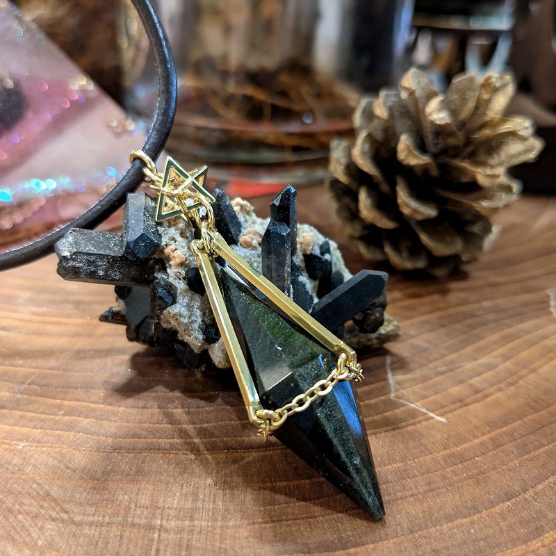 【Sacred Bonding】Golden Sheen Obsidian Pendulum Necklace /Brass/ Merkaba/Handmade - Necklaces - Other Metals Black