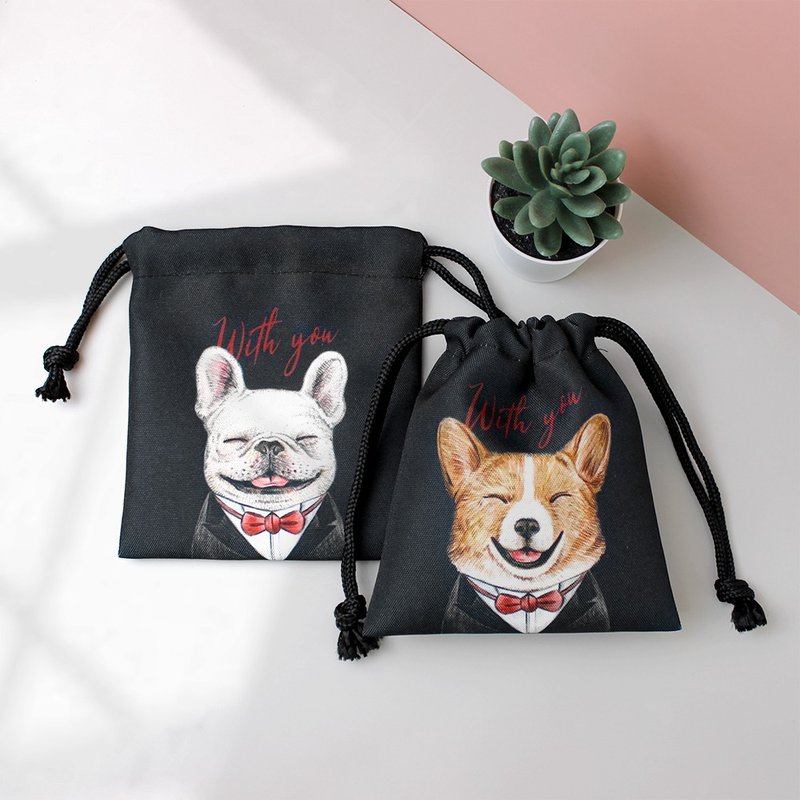 防潑水束口袋 _ 柯基、法鬥西裝款 - 化妝包/收納袋 - 聚酯纖維 黑色