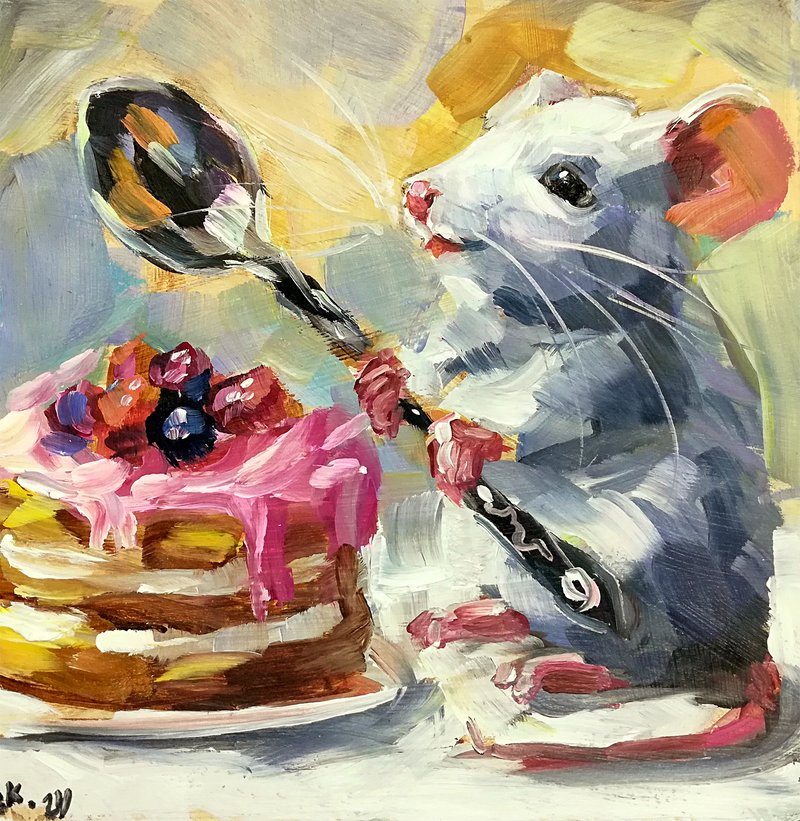 Mouse Cake Original Oil Painting Funny Animals Wildlife Art - 海報/掛畫/掛布 - 其他材質 多色