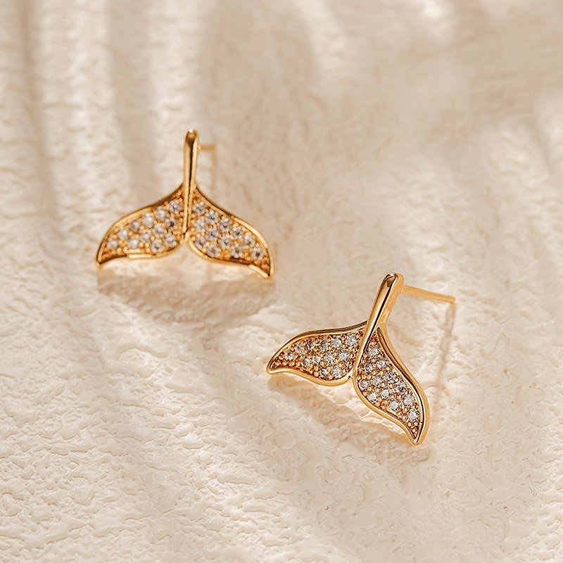Earrings plated with 18K real gold and inlaid with Stone, exquisite high-end tail earrings - Earrings & Clip-ons - Precious Metals 