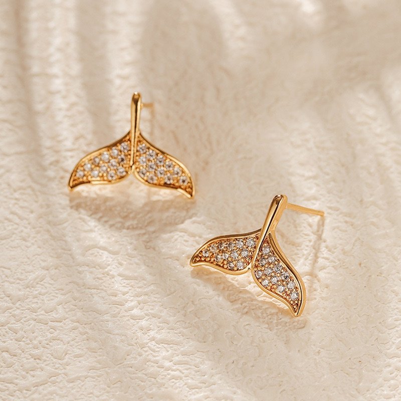 Earrings plated with 18K real gold and inlaid with Stone, exquisite high-end tail earrings - Earrings & Clip-ons - Precious Metals 