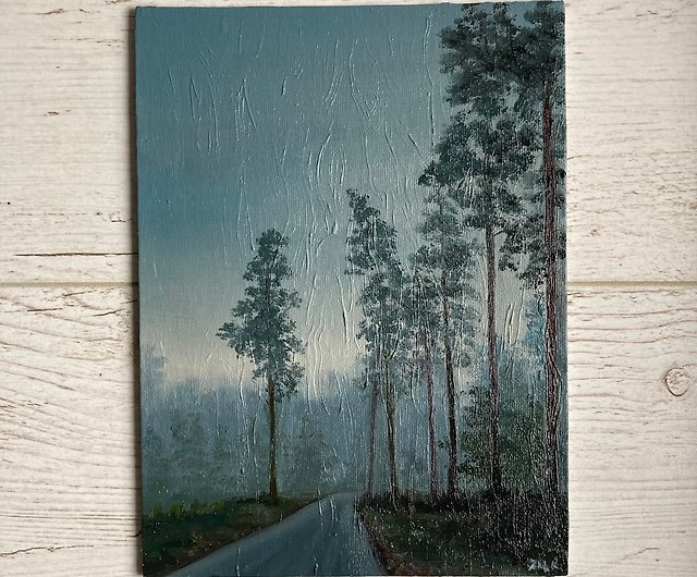 森の油絵、森の風景画、小さな油絵、霧のある壁アート - ショップ