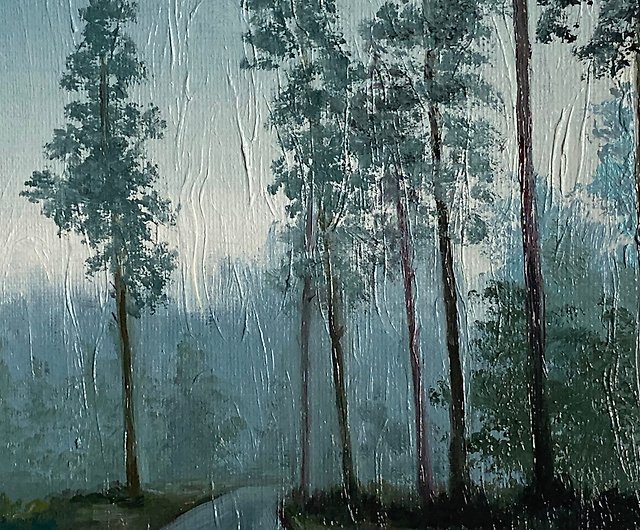 森の油絵、森の風景画、小さな油絵、霧のある壁アート - ショップ 