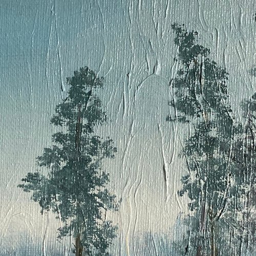森の油絵、森の風景画、小さな油絵、霧のある壁アート