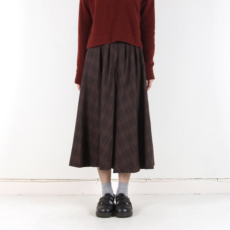 Ancient】 【egg plant wooden plaid vintage wool wide pants - Women's Pants - Wool Brown