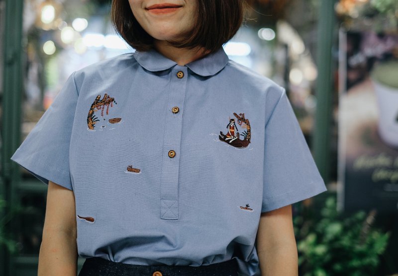 巴魯熊刺繡 藍色 Lulu 款棉質圓領襯衫 - 女襯衫 - 棉．麻 藍色