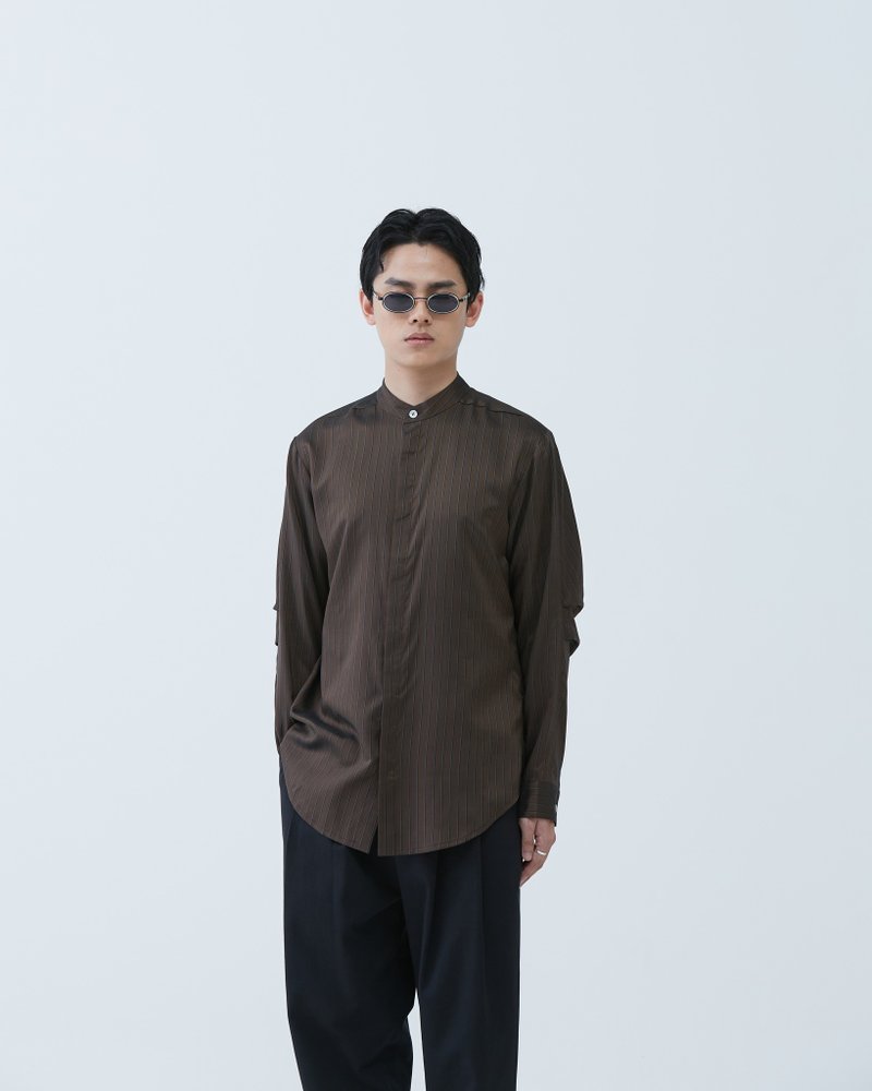 小高領打褶袖襯衫 (咖條紋) Mock Neck Shirt - 男襯衫/休閒襯衫 - 棉．麻 咖啡色