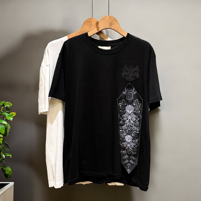 JIN GARDEN-Black and white tiger joint fashion T - Men's T-Shirts & Tops - Cotton & Hemp Black