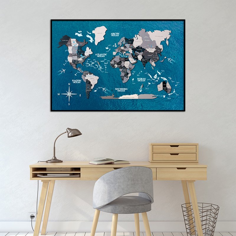 World Map on Board, Panel Wall Art, Framed Wall Decor, Room Decor, Travel Map - Wall Décor - Wood 