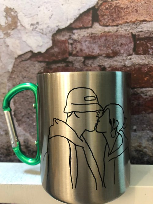 MiniGarden手繪客製化 情侶手繪線條 露營扣環鋼杯 杯子訂製 紀念禮物 客製化馬克杯