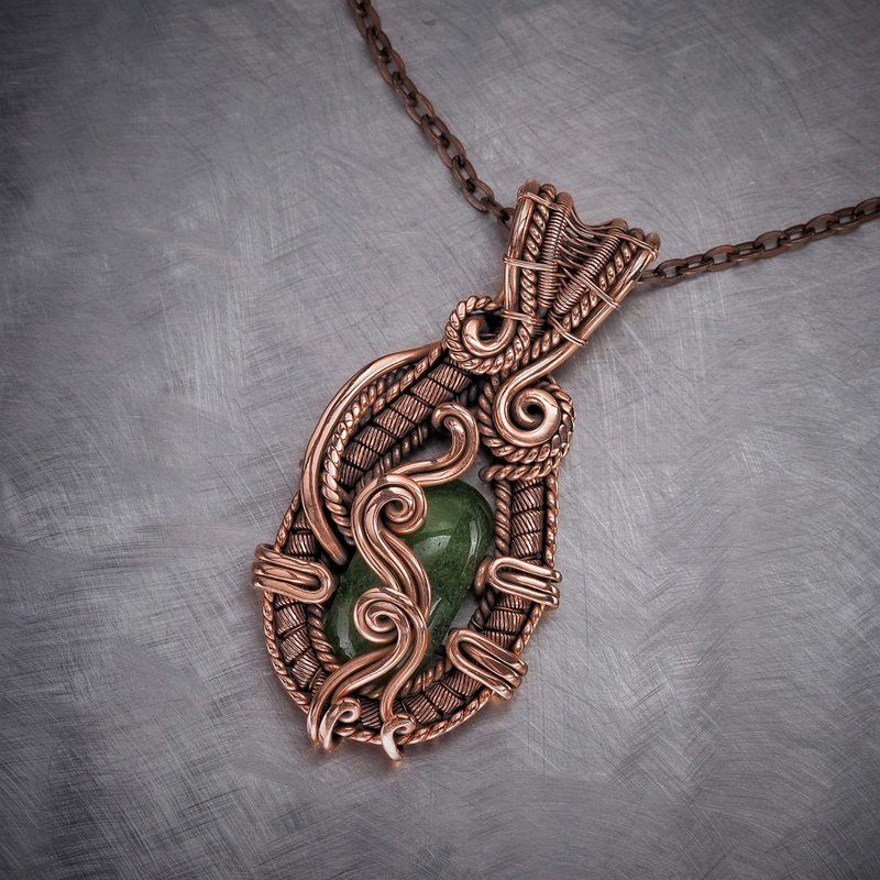 Jade necklace for woman Wire wrapped copper pendant Antique style Wire Wrap Art - Necklaces - Jade Green