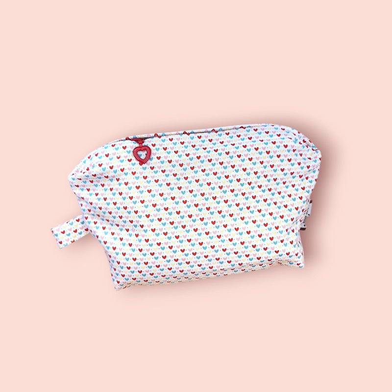 Mini Dot and Heart Printing Large Cosmetic Bag - กระเป๋าเครื่องสำอาง - ผ้าฝ้าย/ผ้าลินิน ขาว