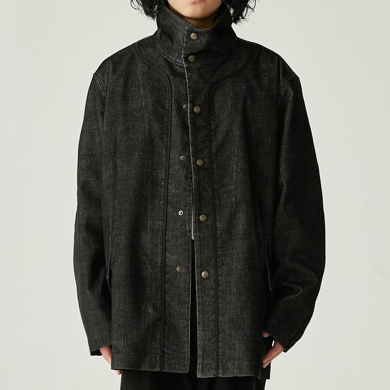 Stand Collar Faux Denim Enzyme Washed Corduroy Jacket with Contrast Patchwork - เสื้อโค้ทผู้ชาย - ผ้าฝ้าย/ผ้าลินิน สีดำ