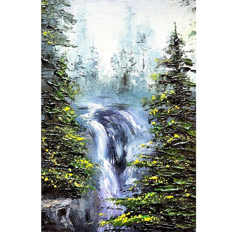 Waterfall Painting Forest Original Artwork 15x10cm /6x4 inch by Oksana Stepanova - Posters - Other Materials Multicolor