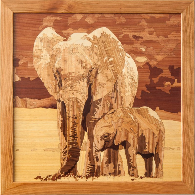 Elephants wildlife wood mosaic picture wild nature eco gift inlay framed panel - 壁貼/牆壁裝飾 - 木頭 橘色