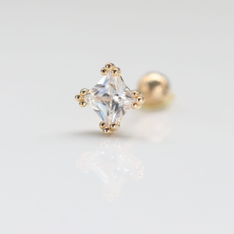 14K corner set square diamond bead earrings (single) ear bone and ear socket will not fade - ต่างหู - เครื่องประดับ สีทอง