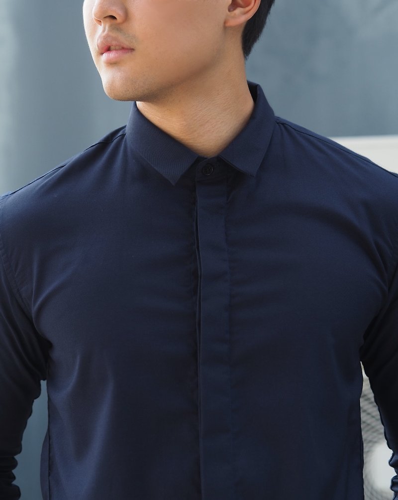 Navy mini collar shirt - เสื้อเชิ้ตผู้ชาย - ผ้าฝ้าย/ผ้าลินิน สีน้ำเงิน