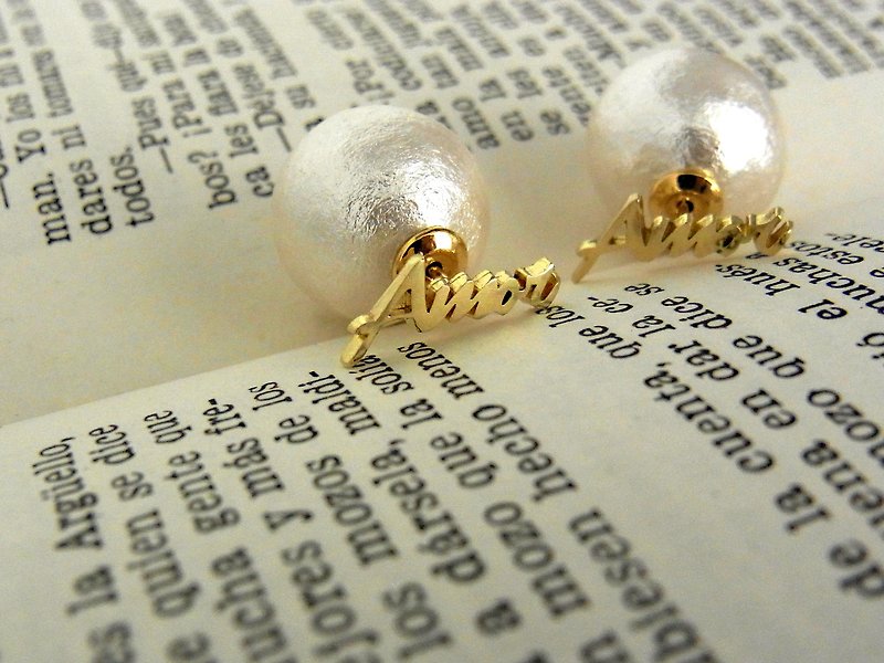 Cotton pearl Amor Earrings / brass - Earrings & Clip-ons - Copper & Brass Gold