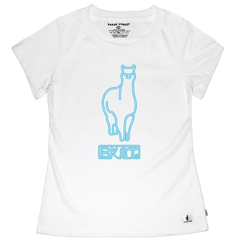 British Fashion Brand -Baker Street- Neon Alpaca T-shirt - เสื้อยืดผู้หญิง - ผ้าฝ้าย/ผ้าลินิน ขาว