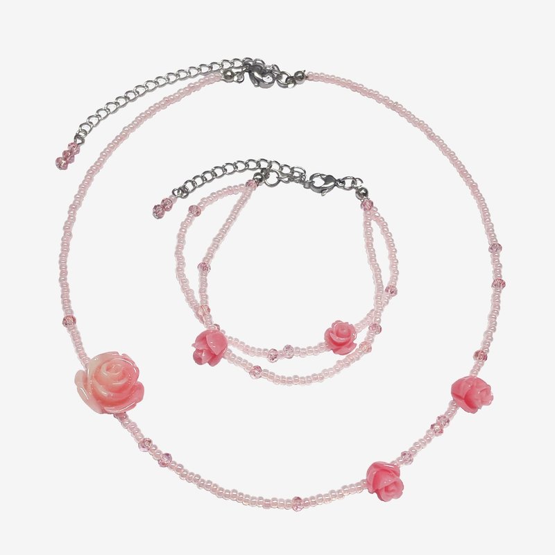 Rose Fit Pink Beaded Choker Necklace Bracelet Birthday Gift - 項鍊 - 其他材質 粉紅色