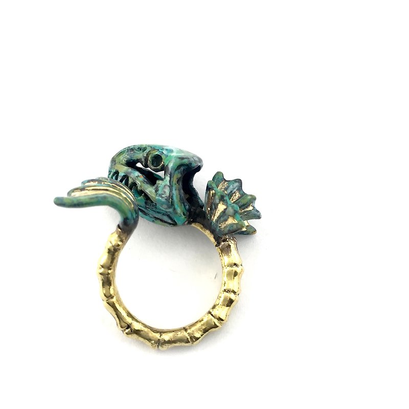 Zodiac Fish bone ring is for Pisces in Brass and Patina green color ,Rocker jewelry ,Skull jewelry,Biker jewelry - General Rings - Other Metals 